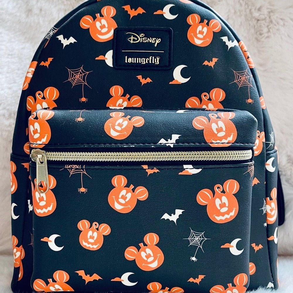NWT Loungefly Disney Mickey Mouse Face Pumpkin AOP Halloween Bat Spider Web Moon